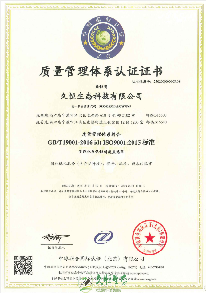 硚口质量管理体系ISO9001证书